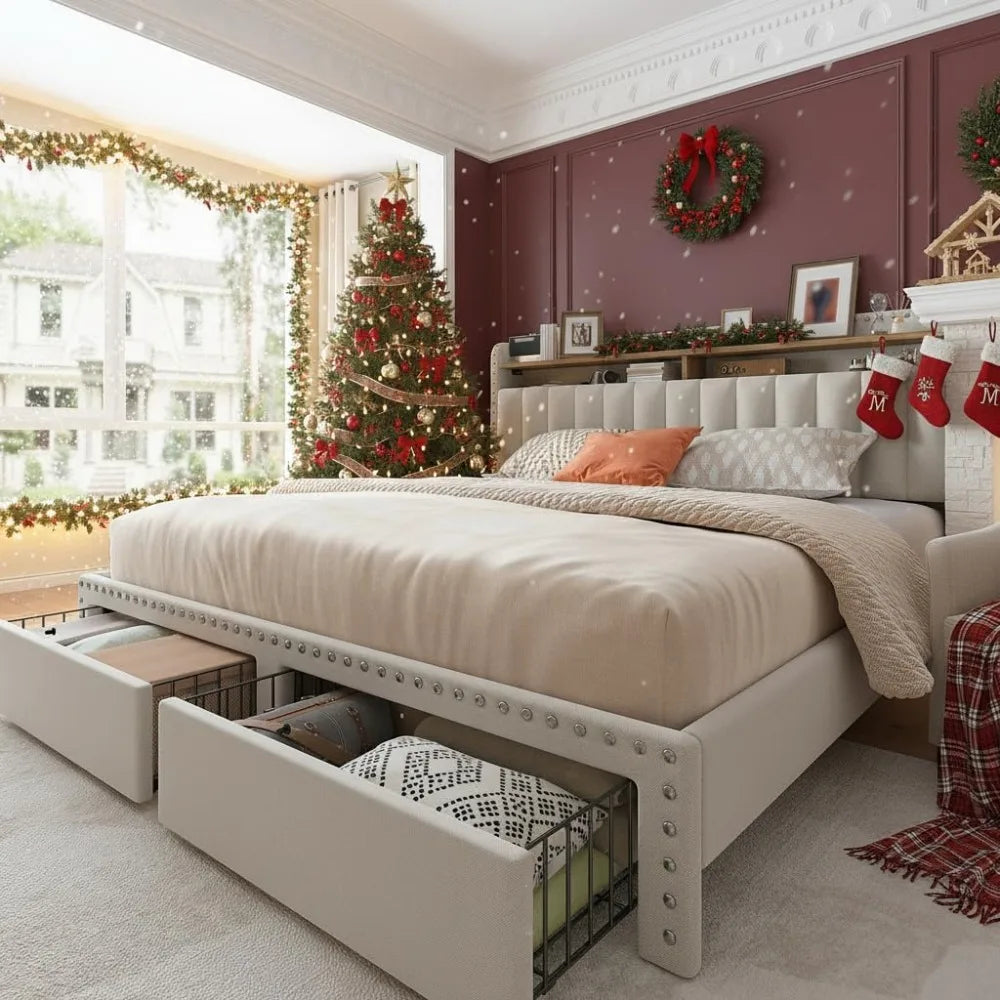 Queen Bed Frame with Storage Drawers
