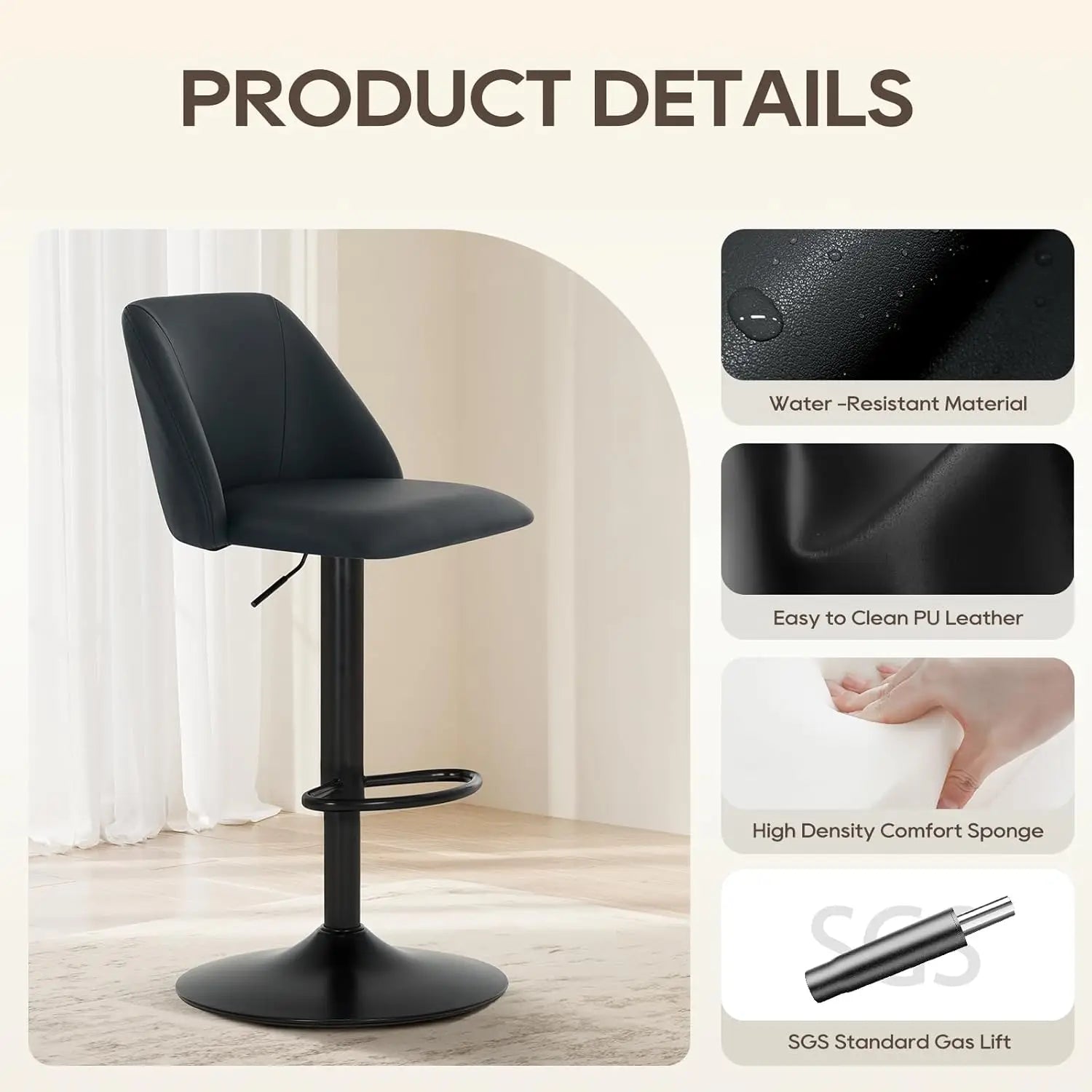 Adjustable PU Bar Stools (Set of 3)