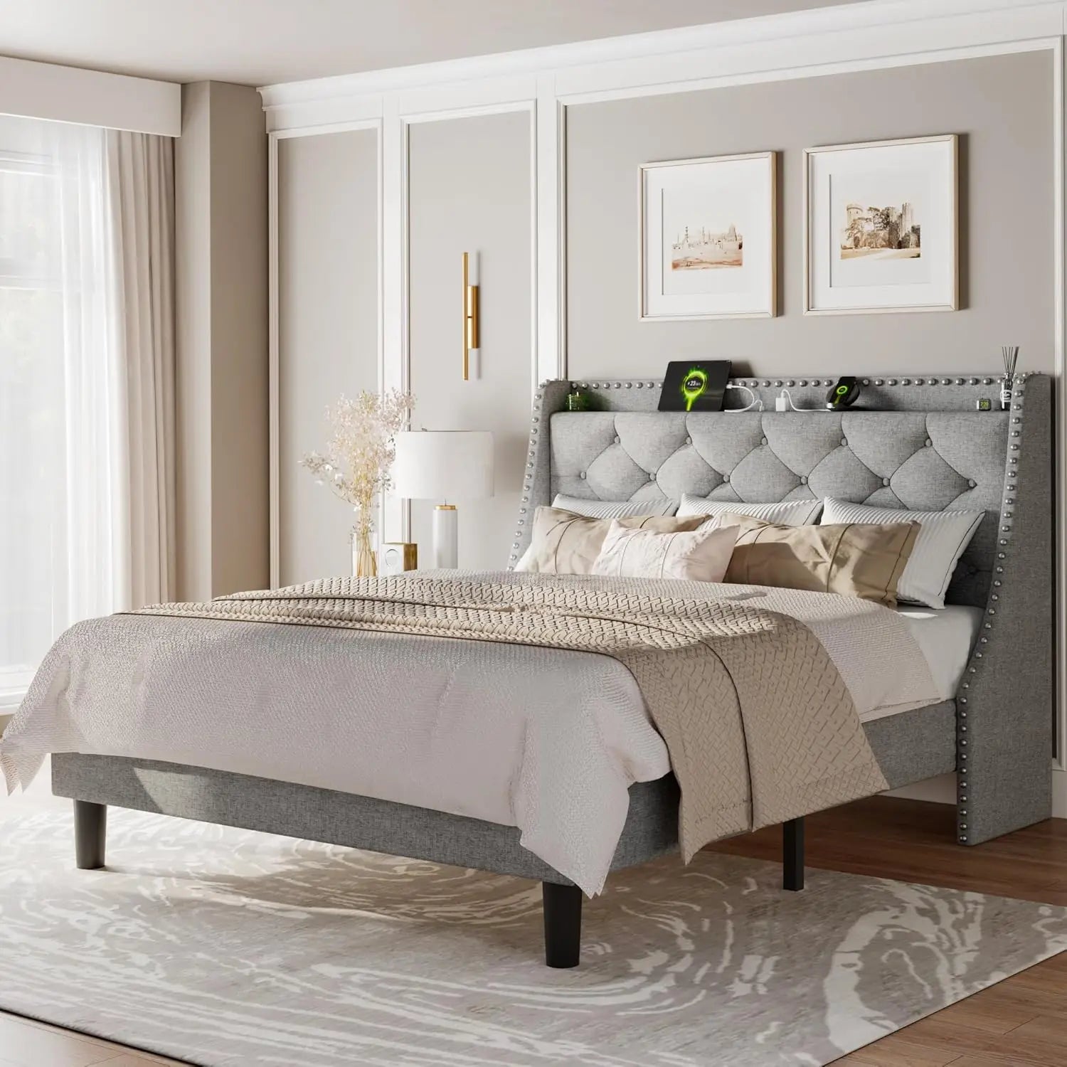 Queen Bed Frame with Wingback Headboard