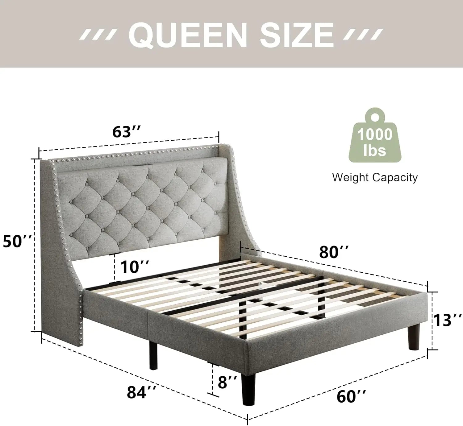 Queen Bed Frame with Wingback Headboard