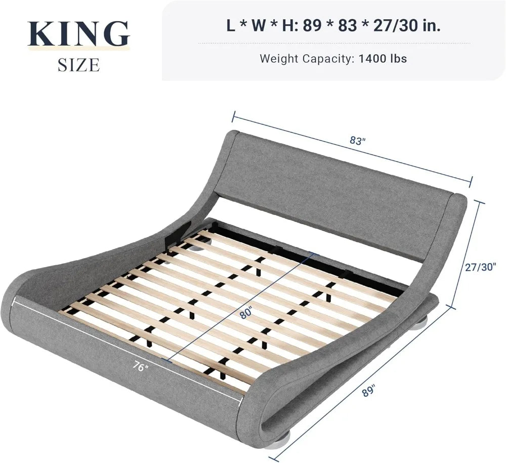 King Upholstered Bed Frame with Adjustable Headboard