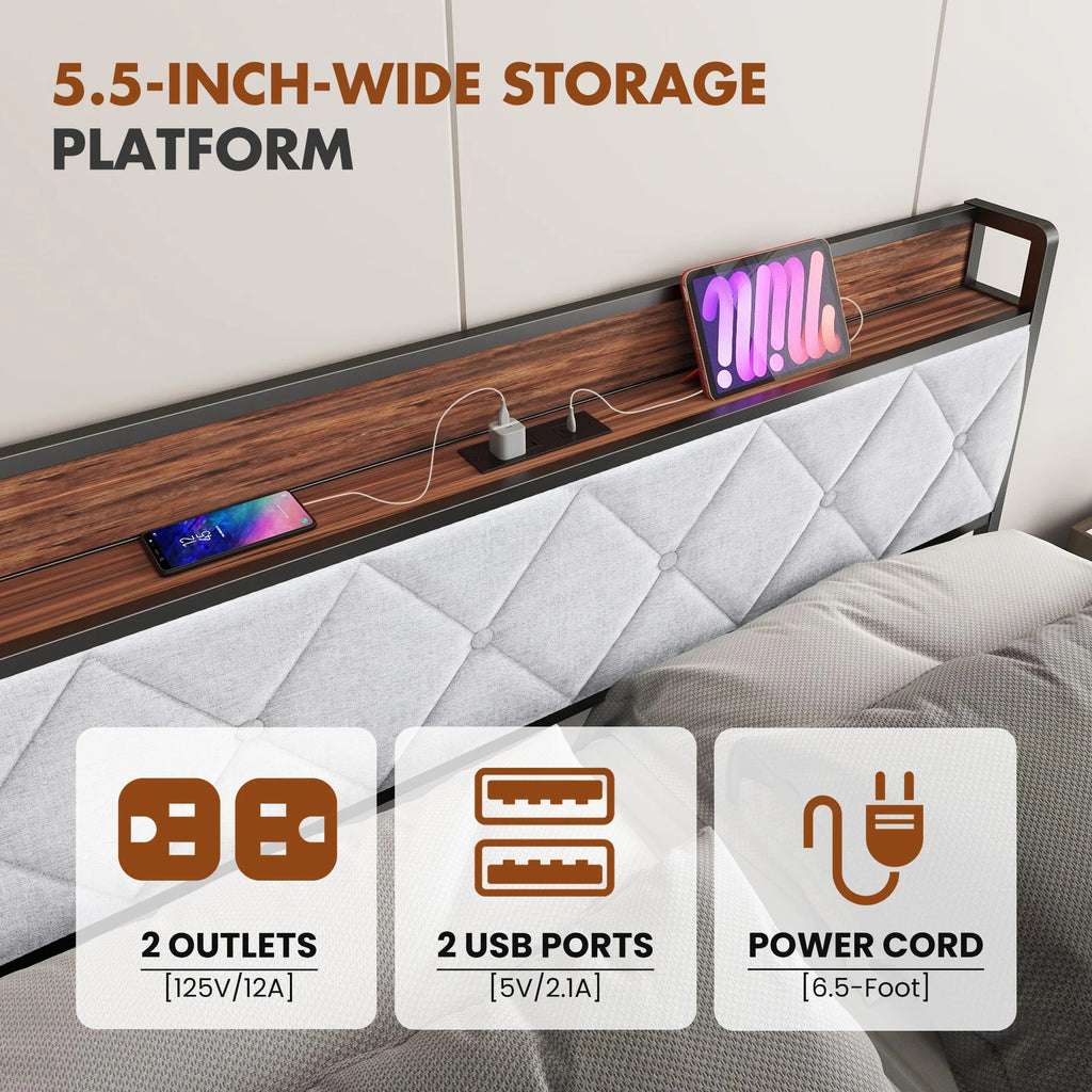 Heavy Duty Metal Bed Frame with Charging Station
