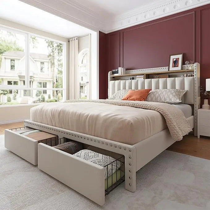 Queen Bed Frame with Storage Drawers