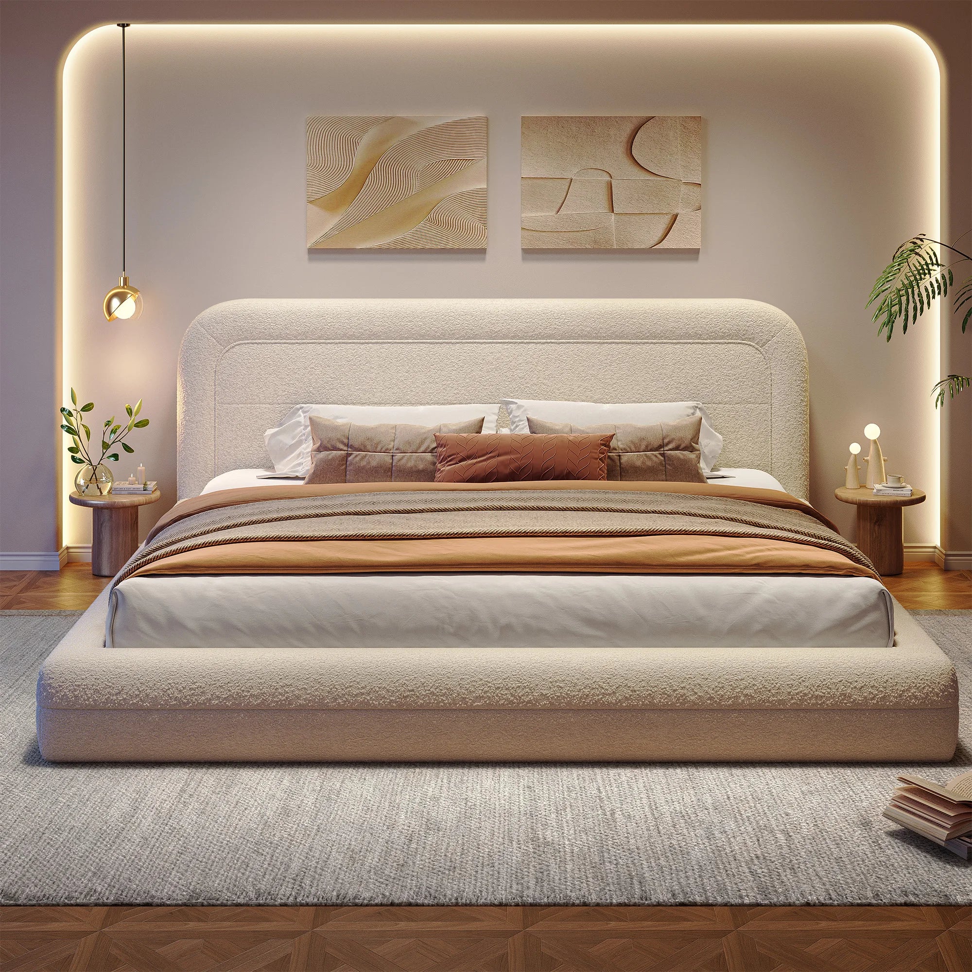 Curved Boucle Upholstered Bed Frame