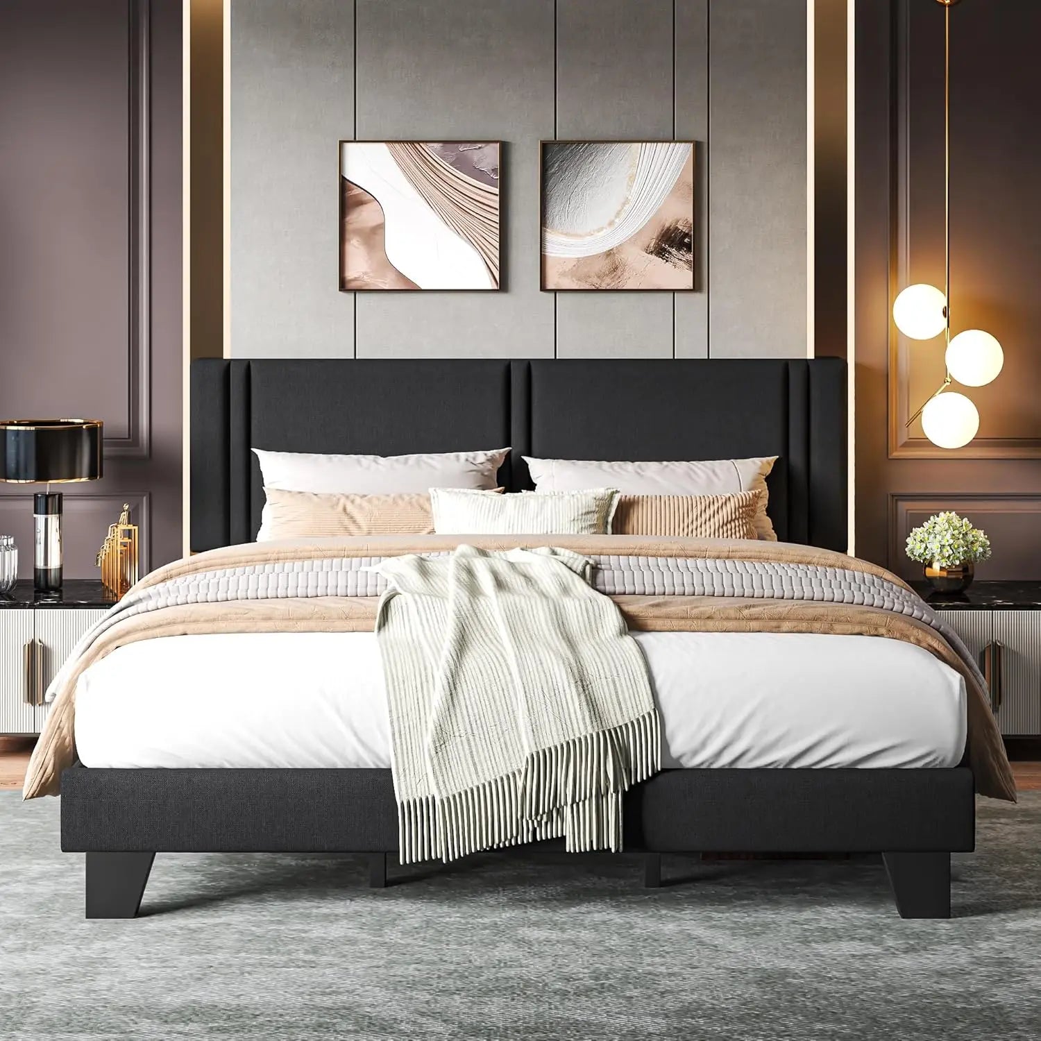 King Bed Frame with Linen Headboard