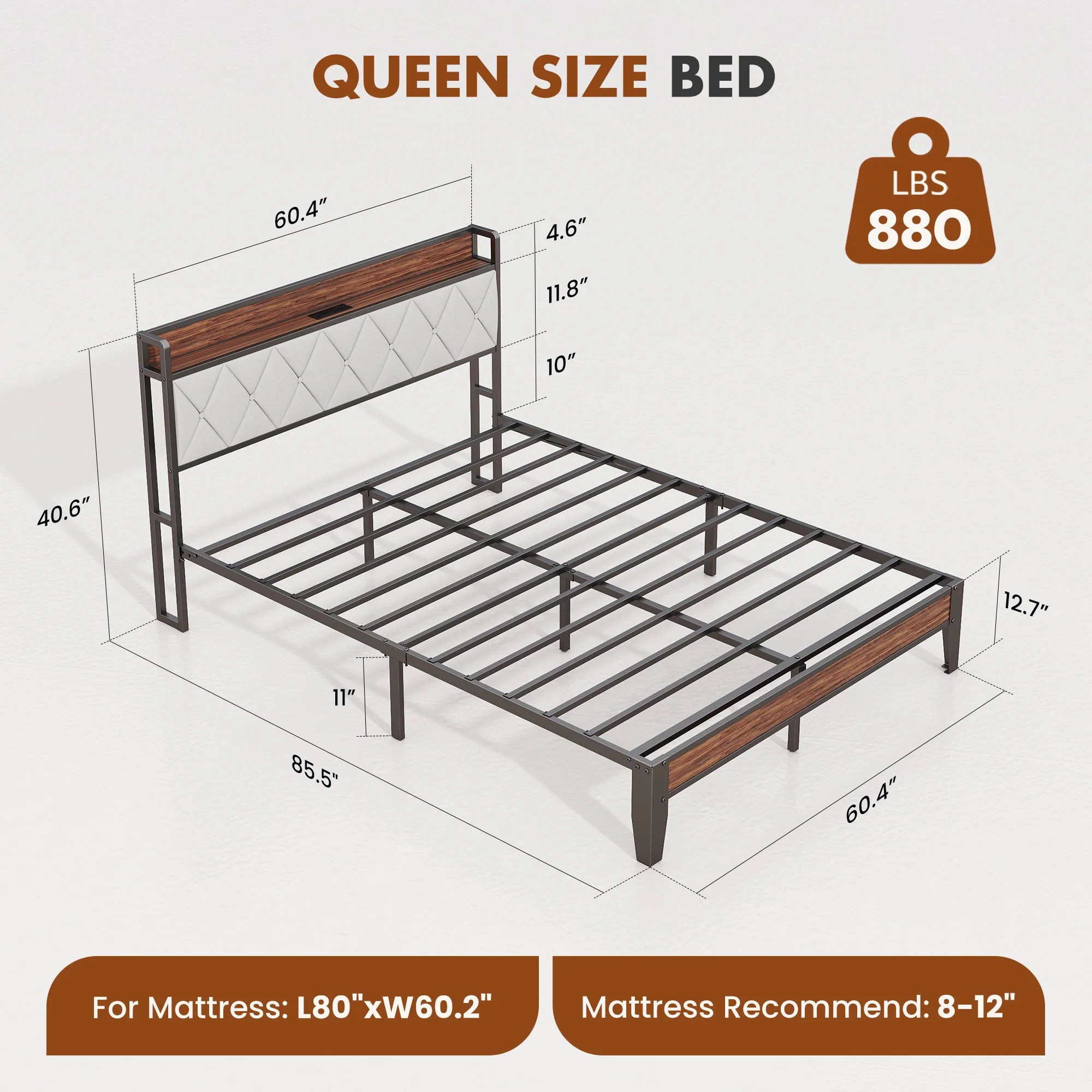 Heavy Duty Metal Bed Frame with Charging Station