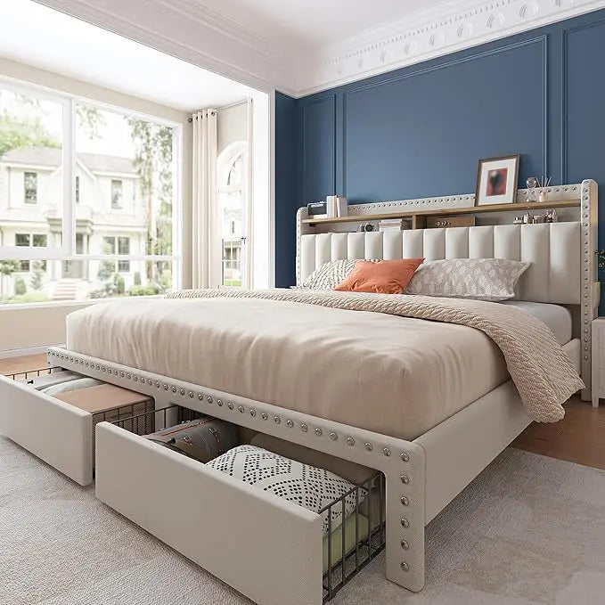 Queen Bed Frame with Storage Drawers