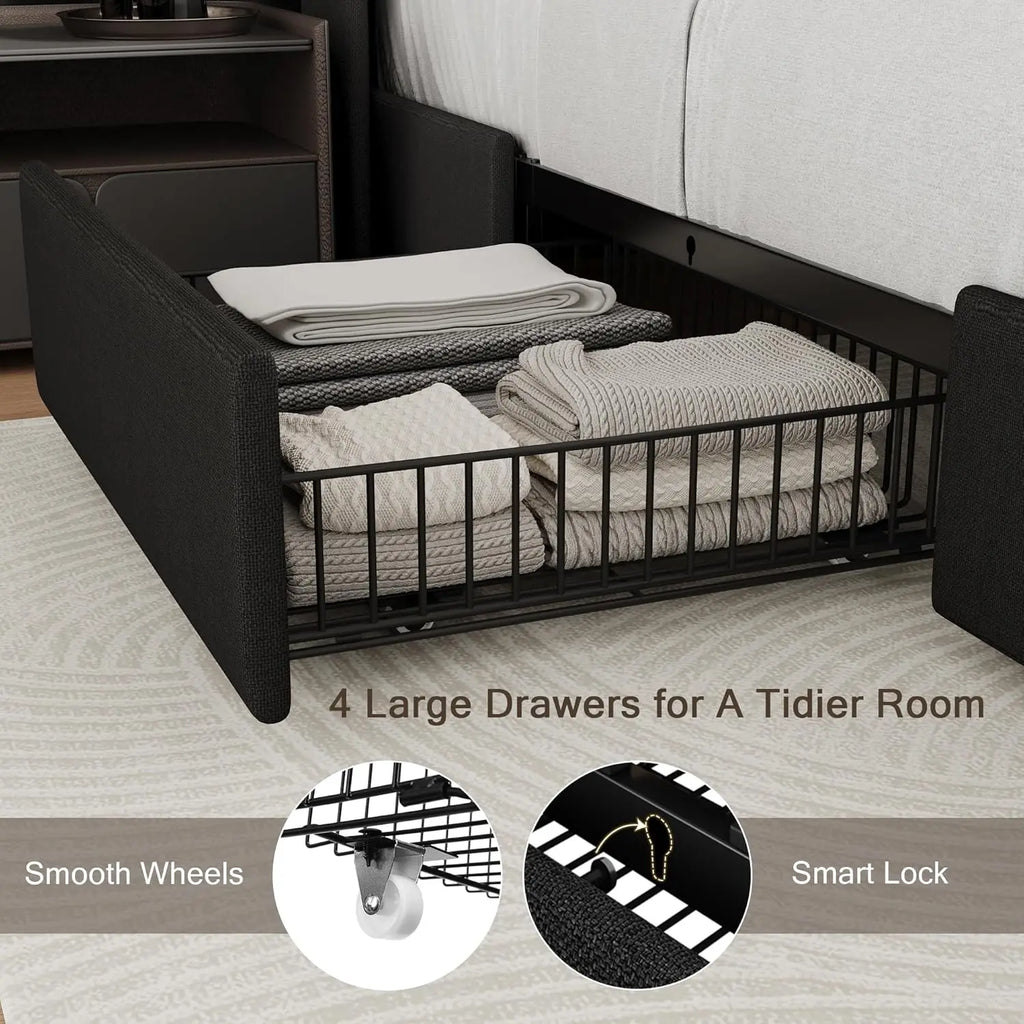 Full Bed Frame with Storage & Charging Station