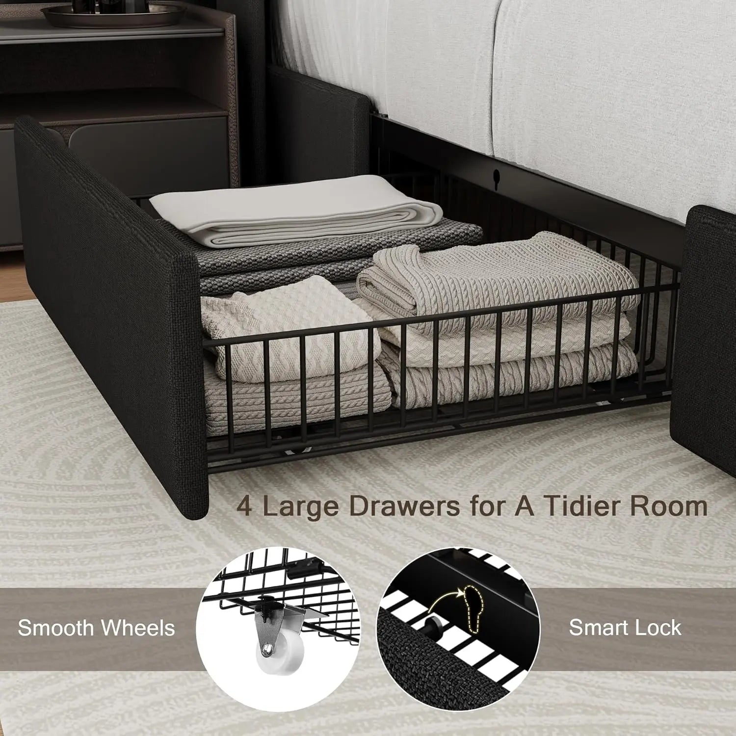 Full Bed Frame with Storage & Charging Station