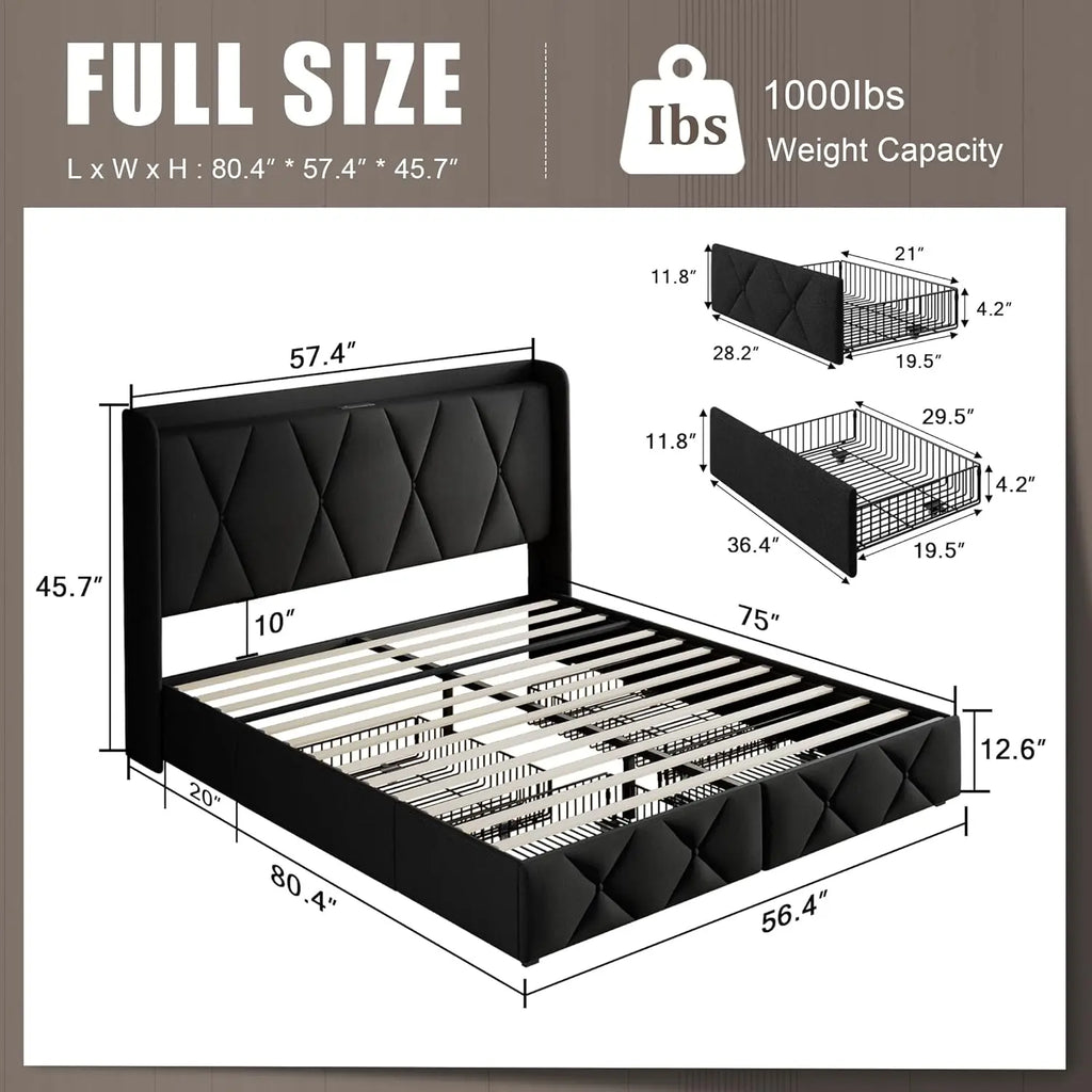 Full Bed Frame with Storage & Charging Station