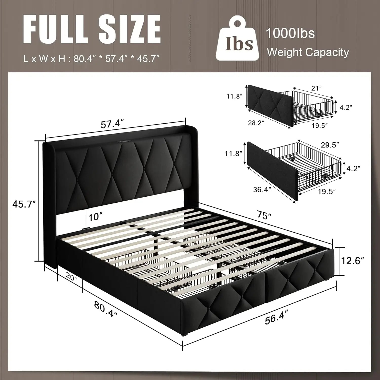 Full Bed Frame with Storage & Charging Station