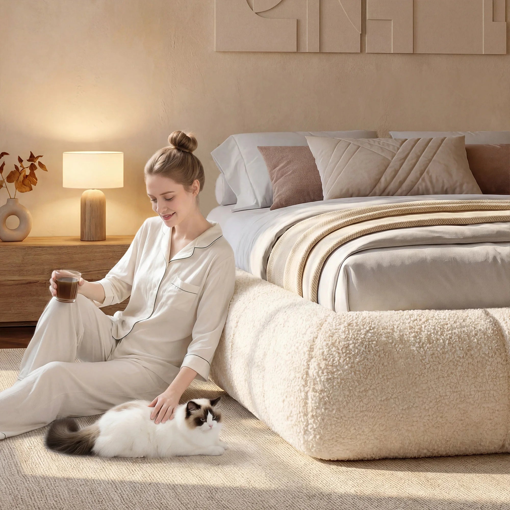 Boucle Cloud Bed Frame with Curved Edges