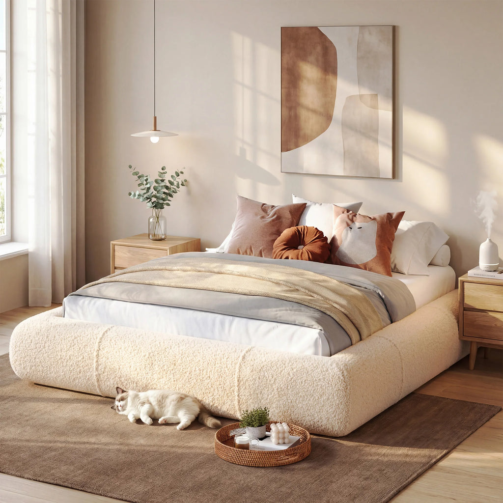 Boucle Cloud Bed Frame with Curved Edges