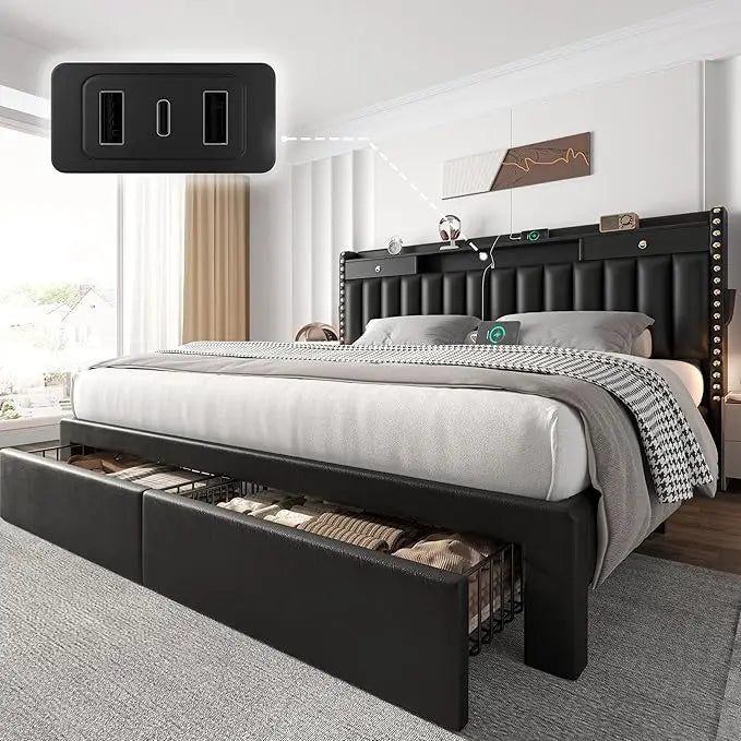 King Bed Frame with Storage & USB Ports