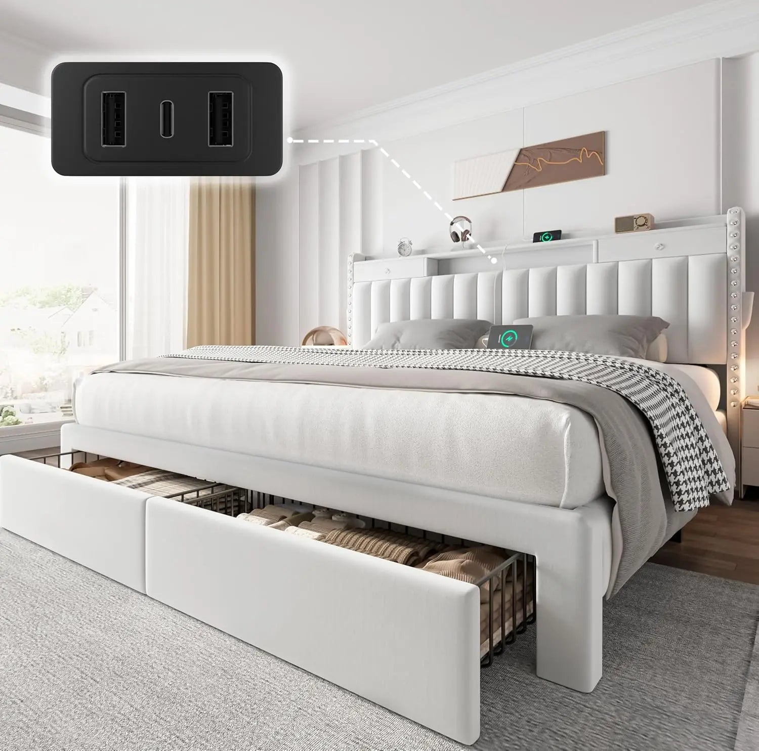 King Bed Frame with Storage & USB Ports