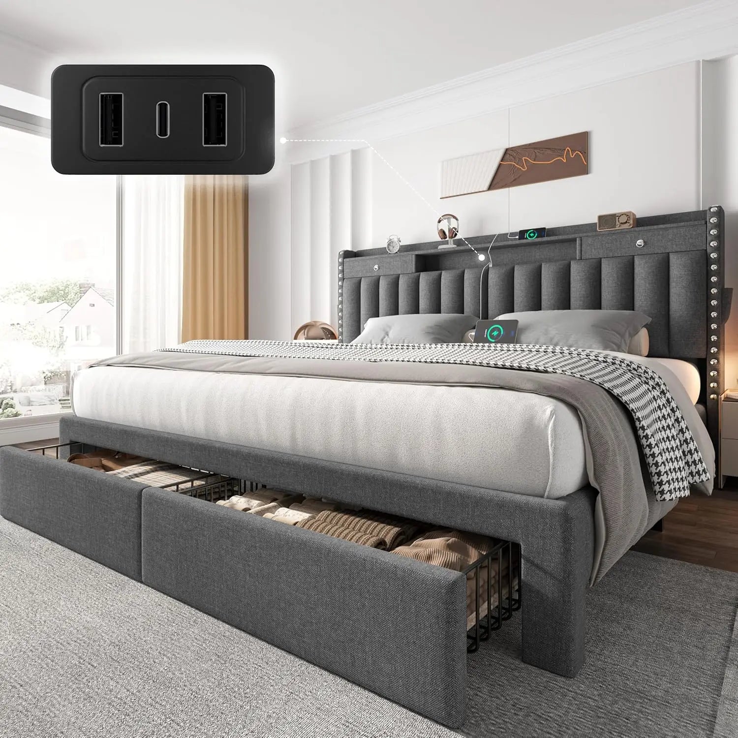 King Bed Frame with Storage & USB Ports