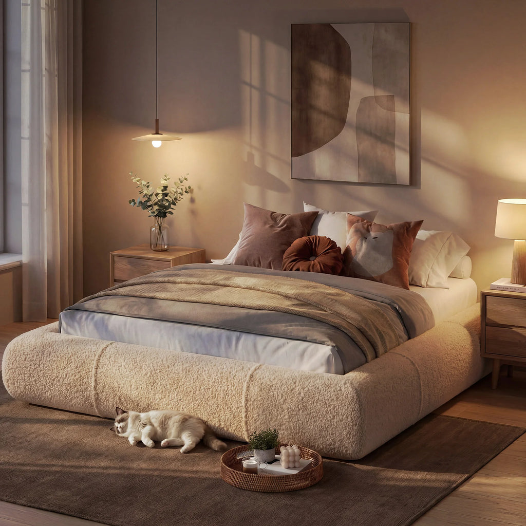 Boucle Cloud Bed Frame with Curved Edges