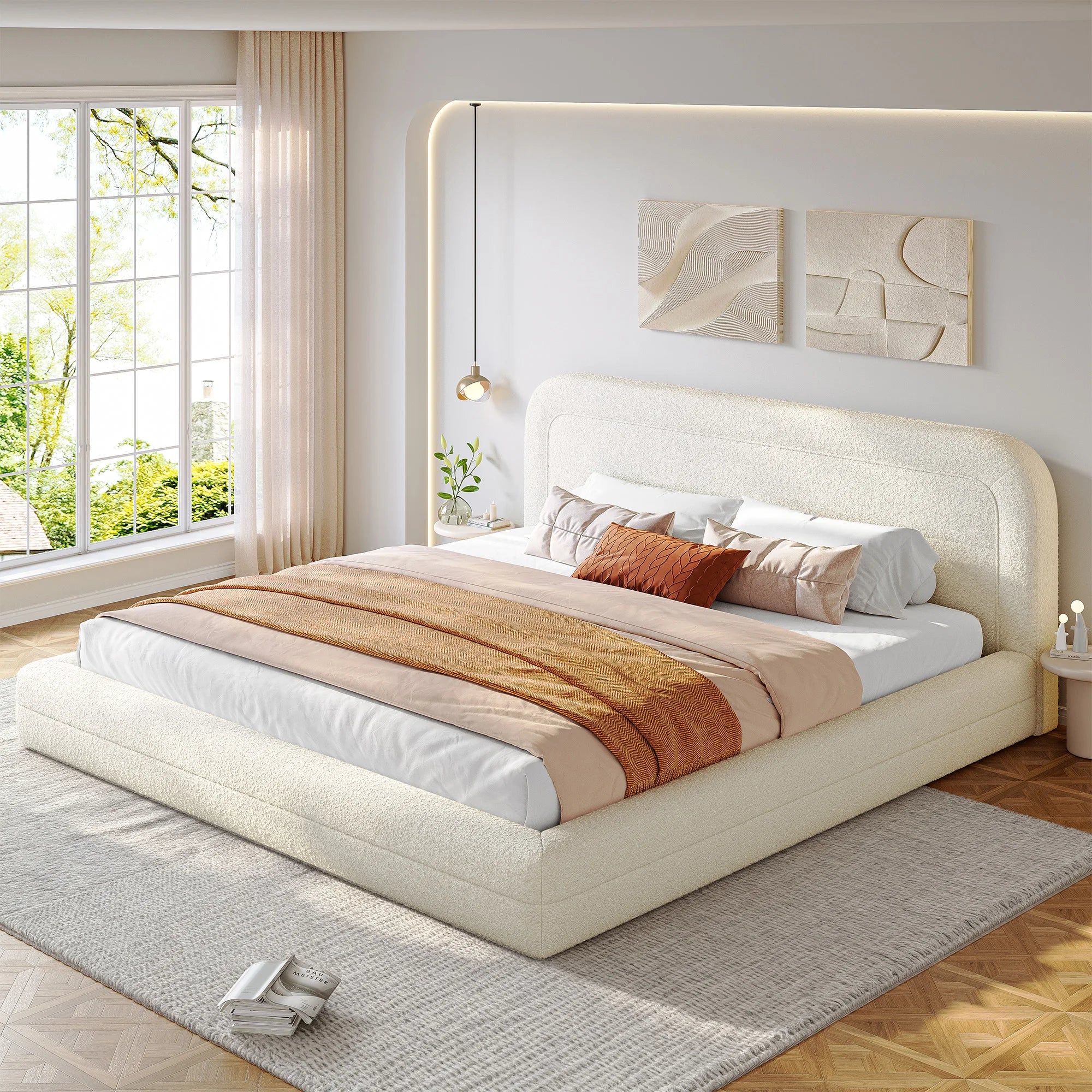 Curved Boucle Upholstered Bed Frame