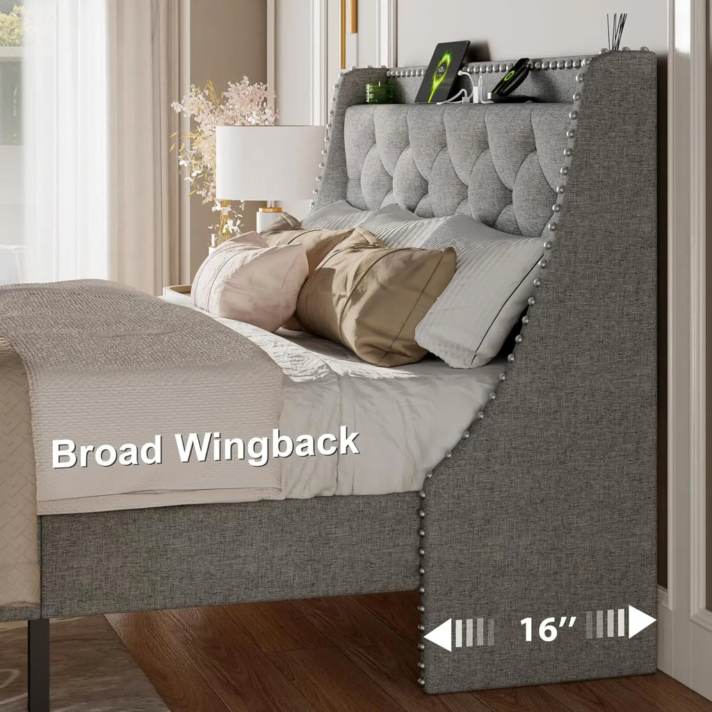 Queen Bed Frame with Wingback Headboard