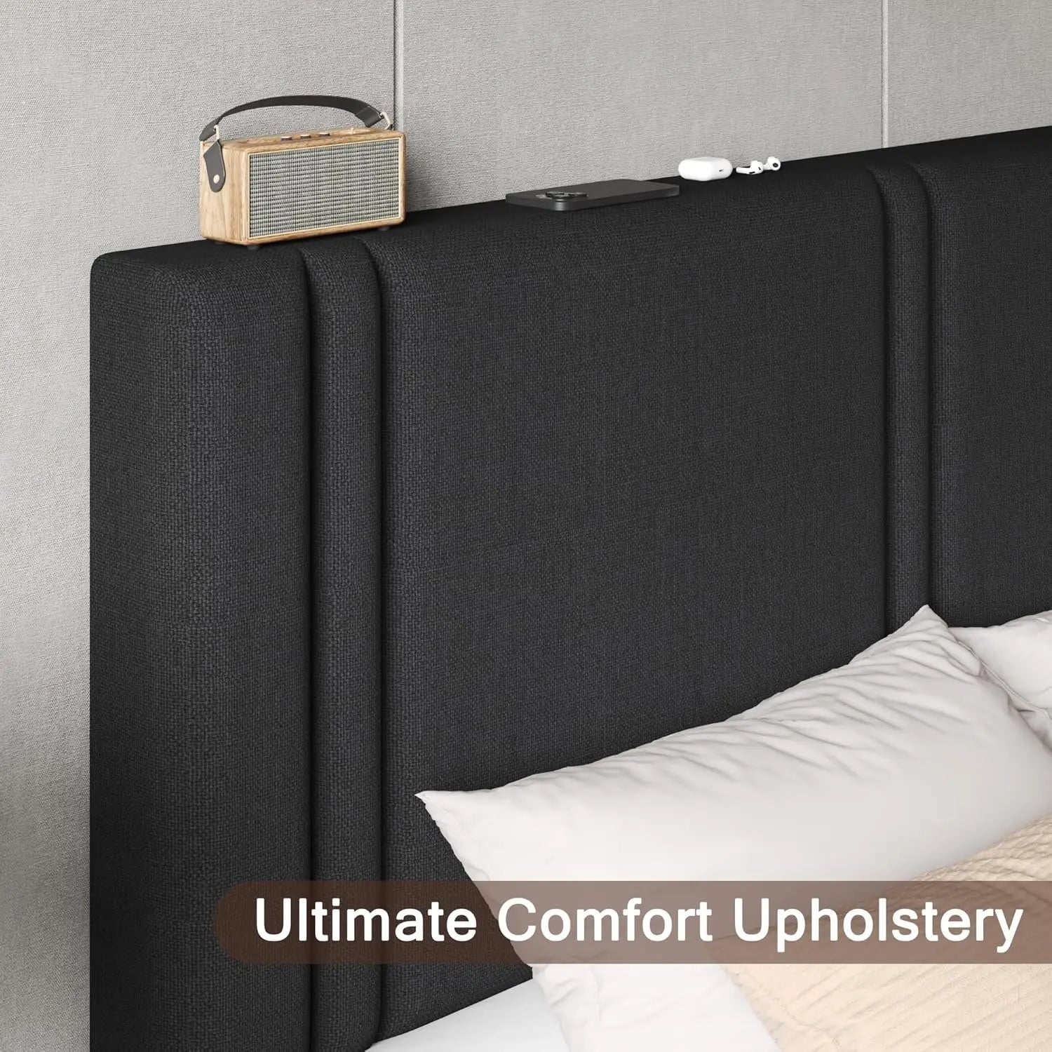 King Bed Frame with Linen Headboard