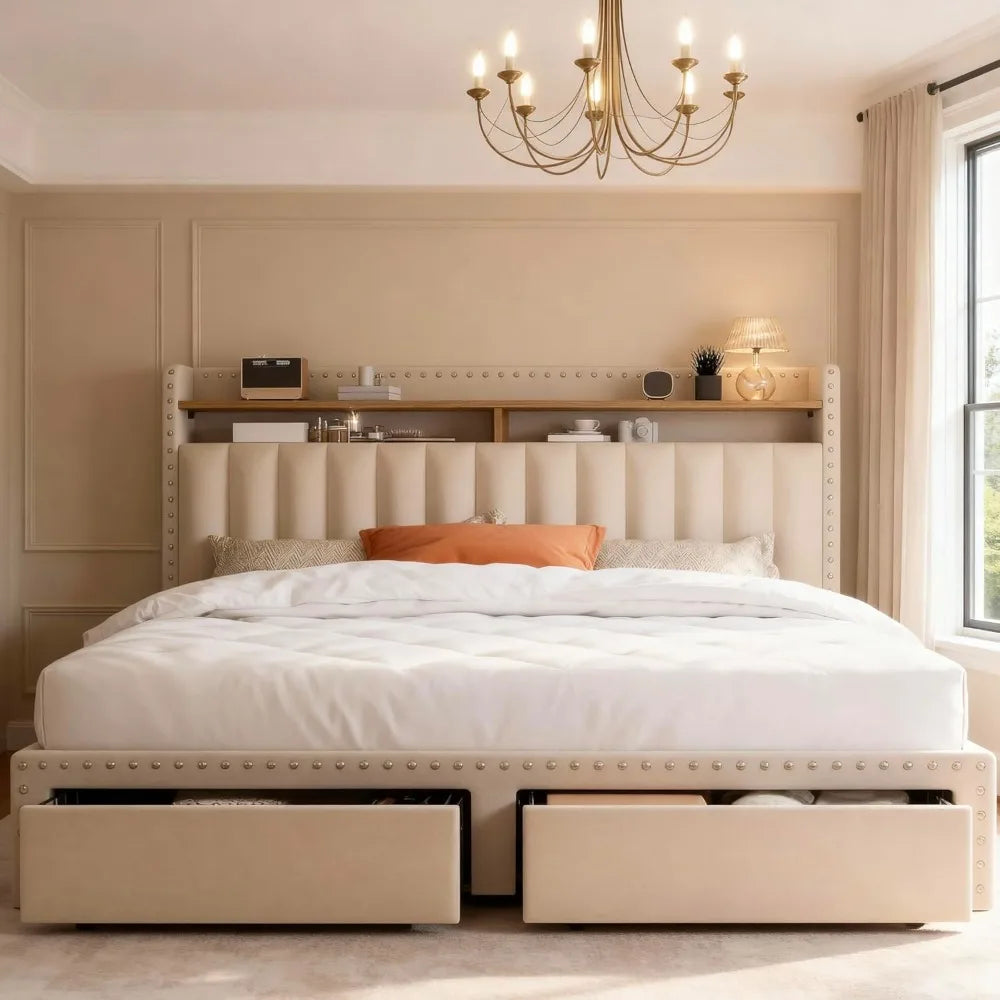 Queen Bed Frame with Storage Drawers