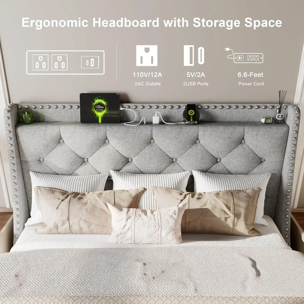 Queen Bed Frame with Wingback Headboard