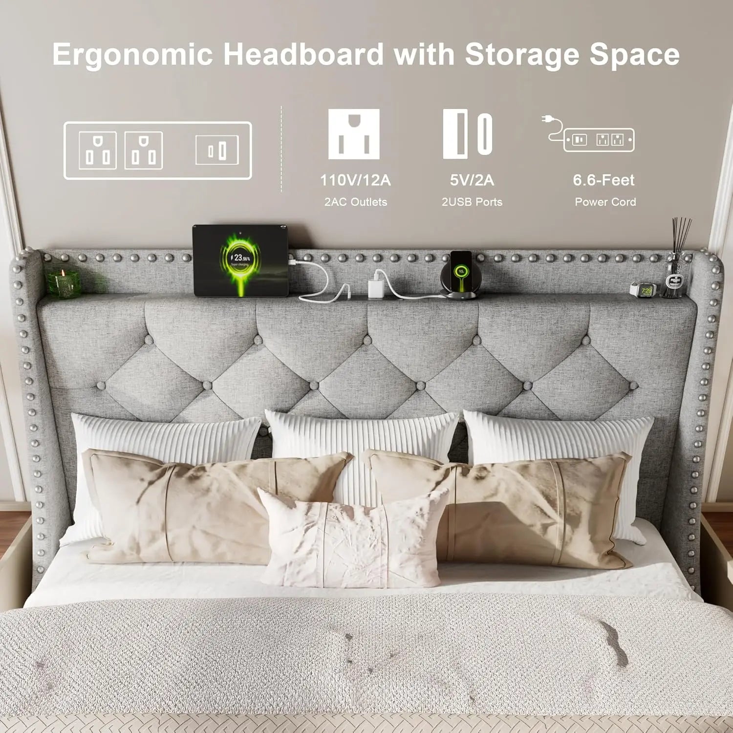 Queen Bed Frame with Wingback Headboard