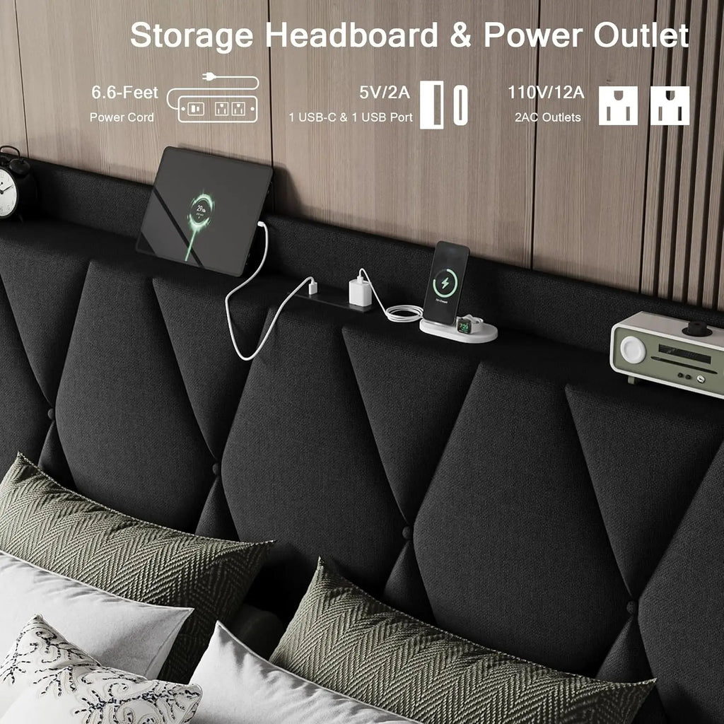 Full Bed Frame with Storage & Charging Station