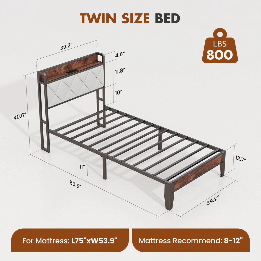 Heavy Duty Metal Bed Frame with Charging Station
