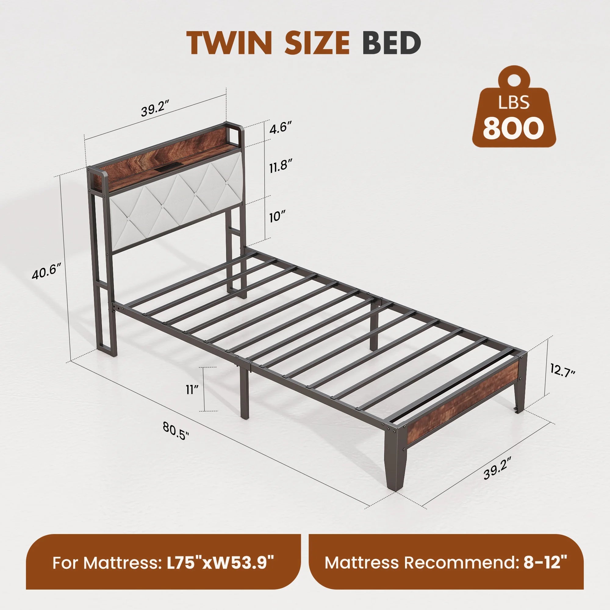 Heavy Duty Metal Bed Frame with Charging Station