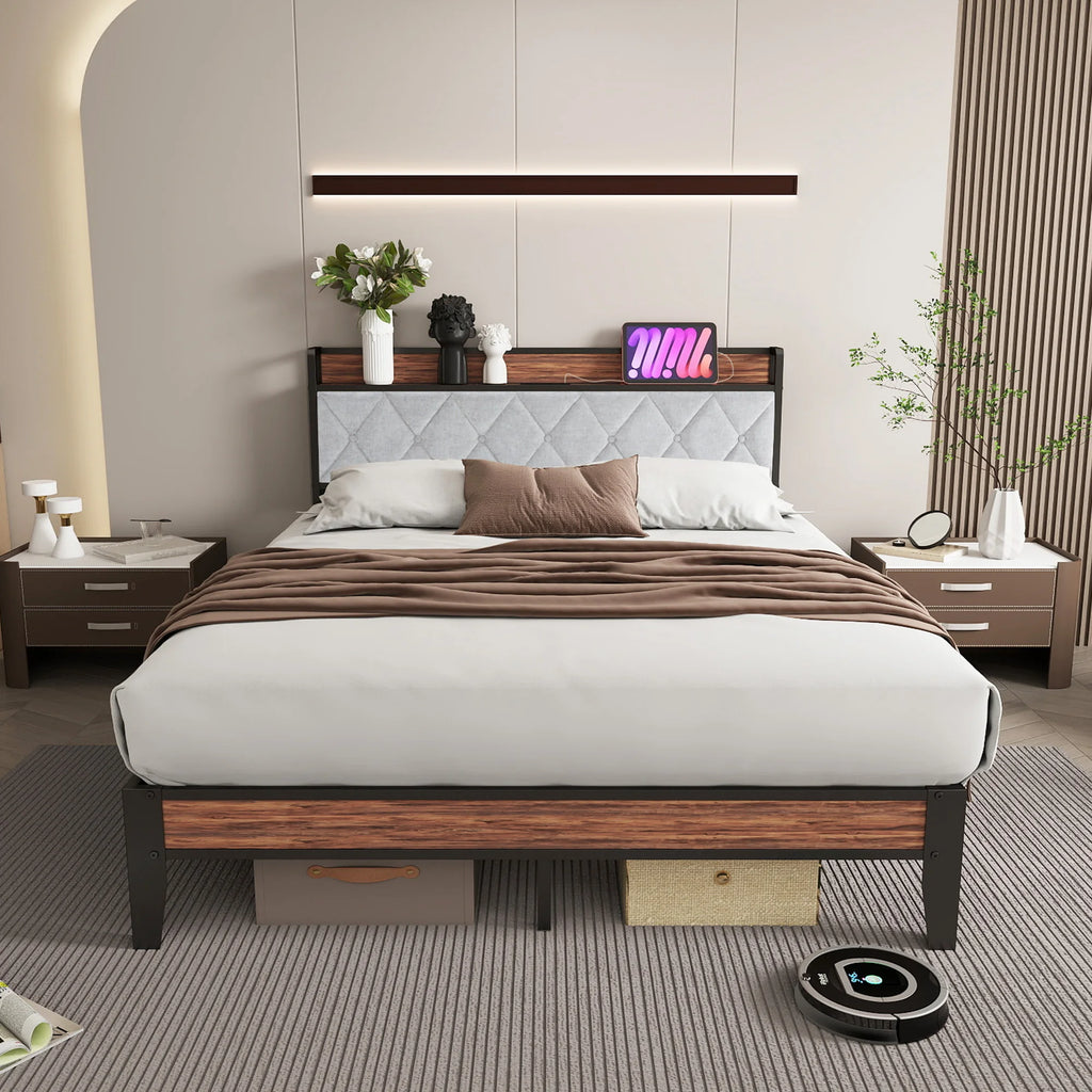Heavy Duty Metal Bed Frame with Charging Station