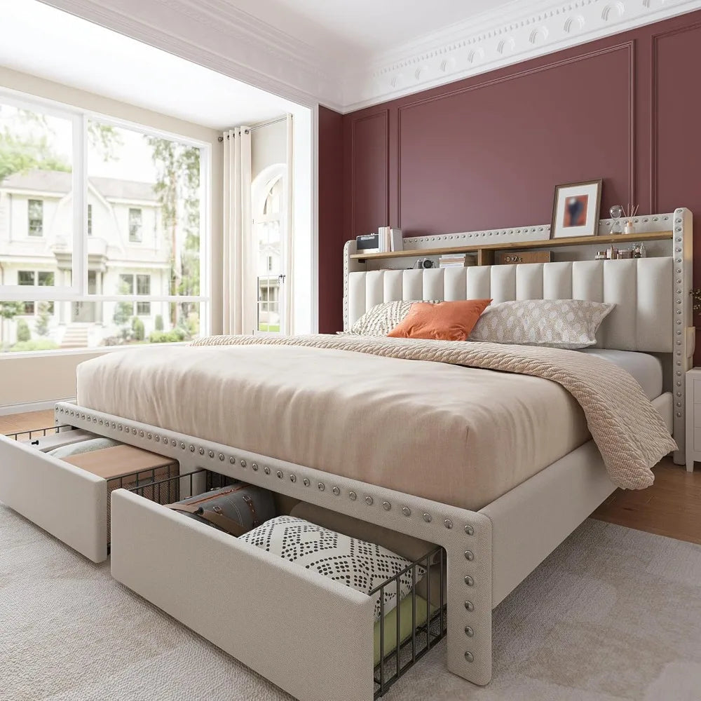Queen Bed Frame with Storage Drawers