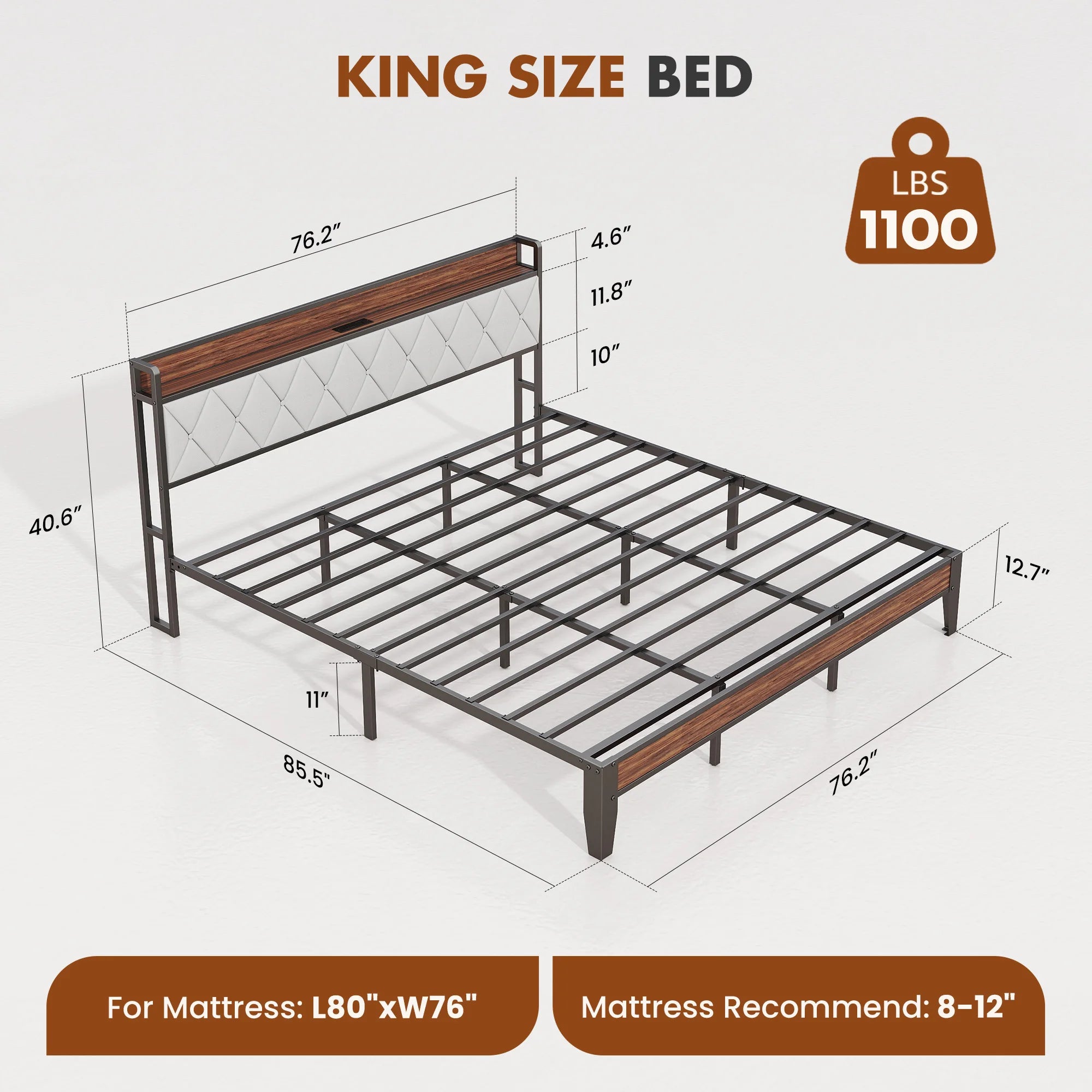 Heavy Duty Metal Bed Frame with Charging Station