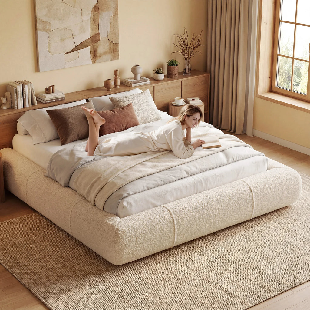 Boucle Cloud Bed Frame with Curved Edges