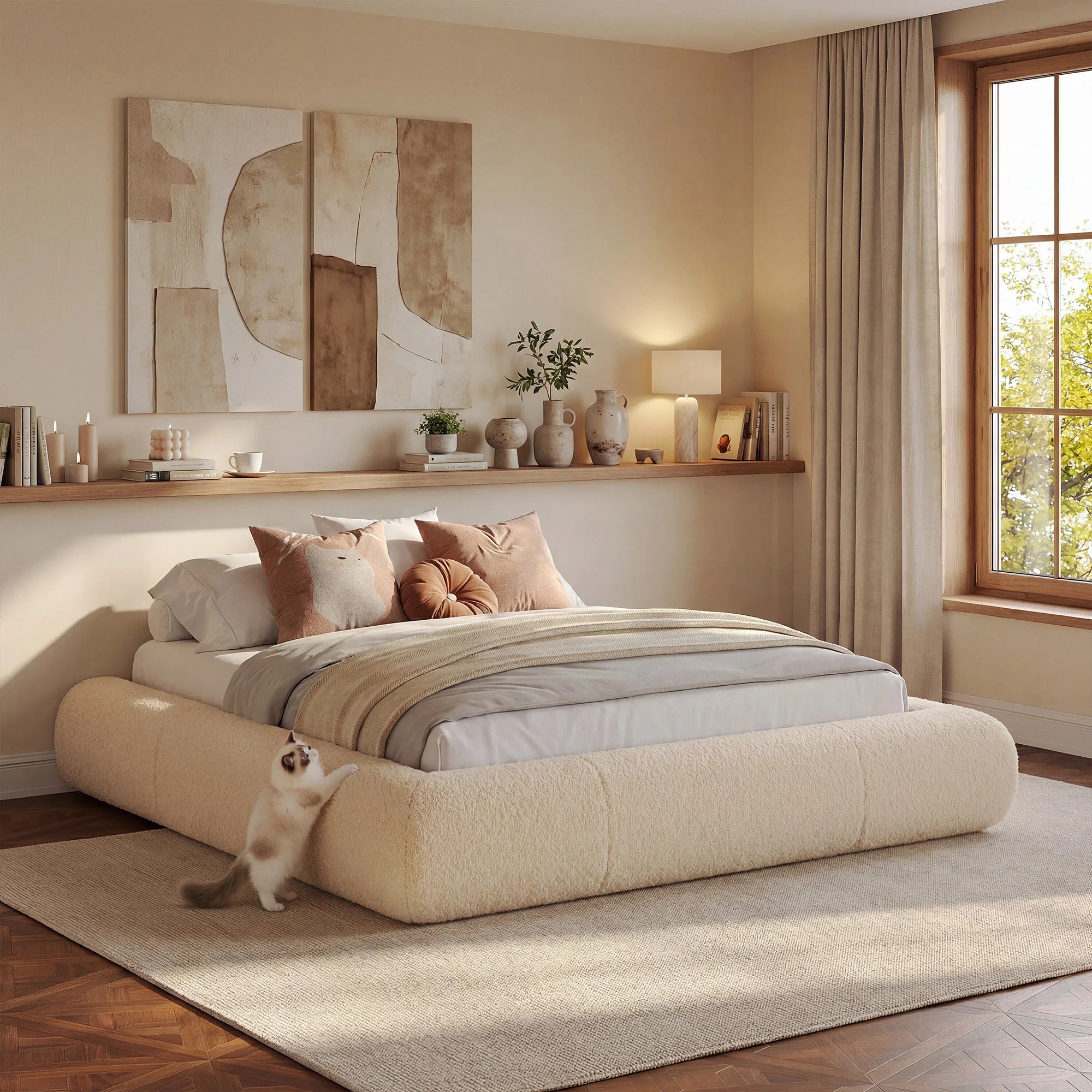 Boucle Cloud Bed Frame with Curved Edges