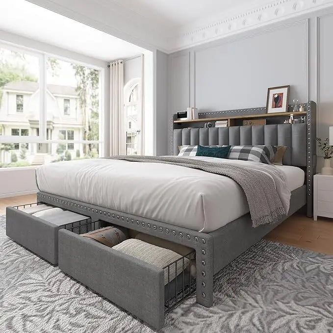 Queen Bed Frame with Storage Drawers