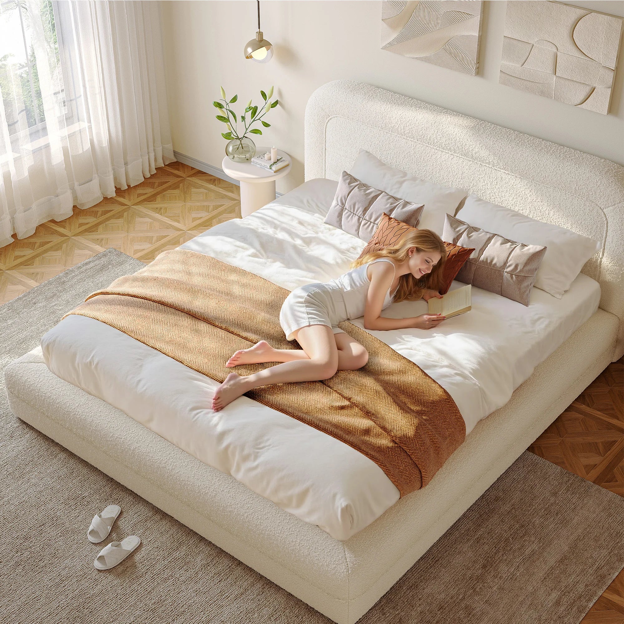 Curved Boucle Upholstered Bed Frame
