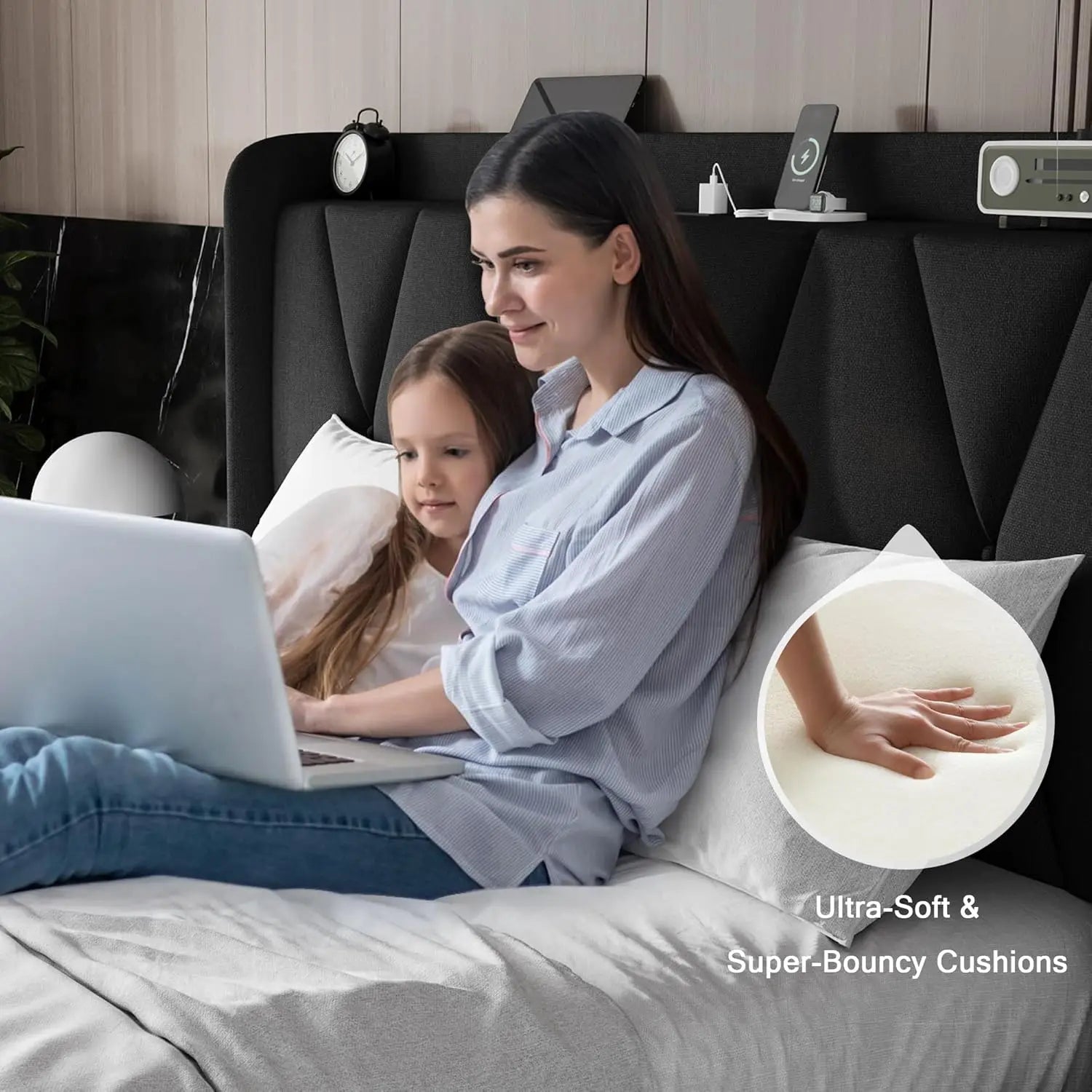 Full Bed Frame with Storage & Charging Station