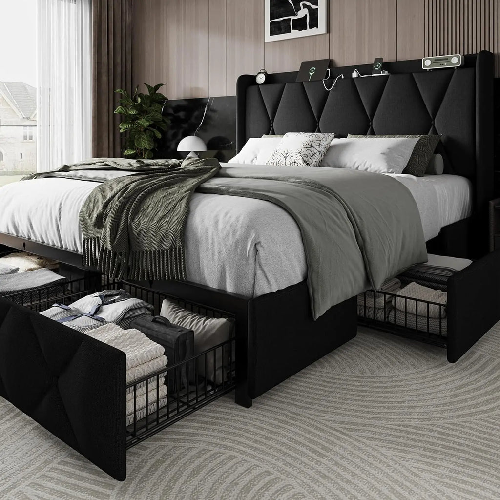 Full Bed Frame with Storage & Charging Station