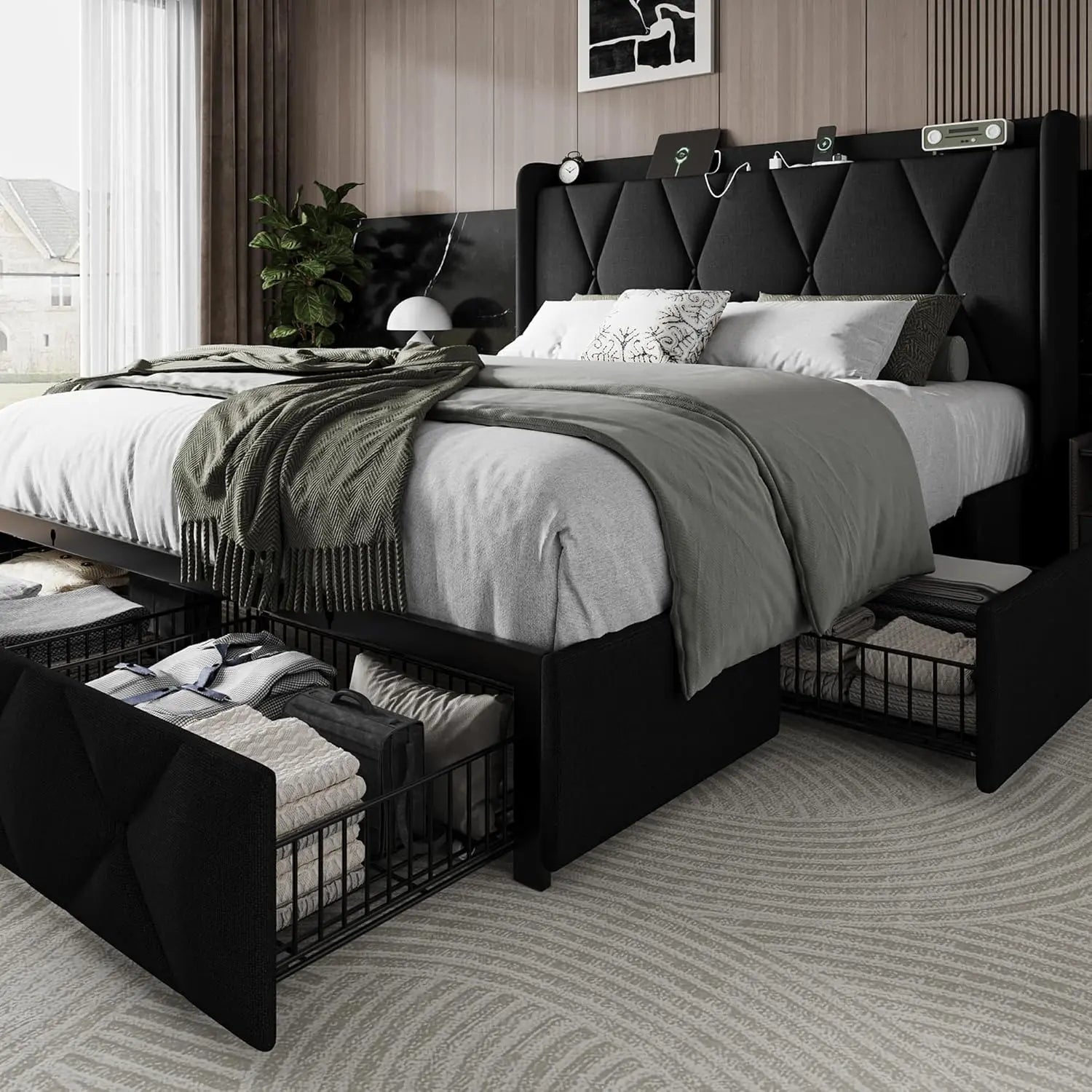 Full Bed Frame with Storage & Charging Station